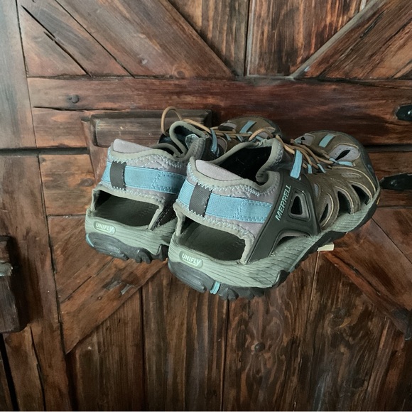 Merrell Vibram Unifly Shoes 10.5 Women’s Brown Blue Sandals Hike Camp Water - Picture 3 of 5